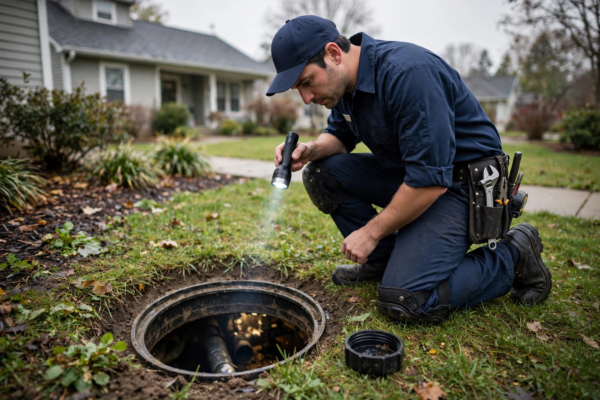 Plumber inspecting a sewer cleanout