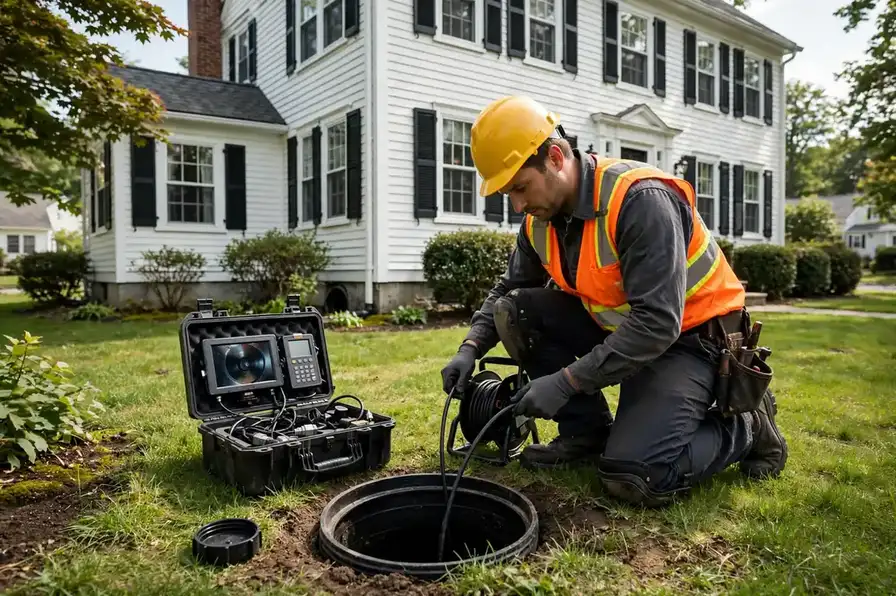 Sewer technician performing camera inspection at a Peabody MA home — Sewer Line Repair Works